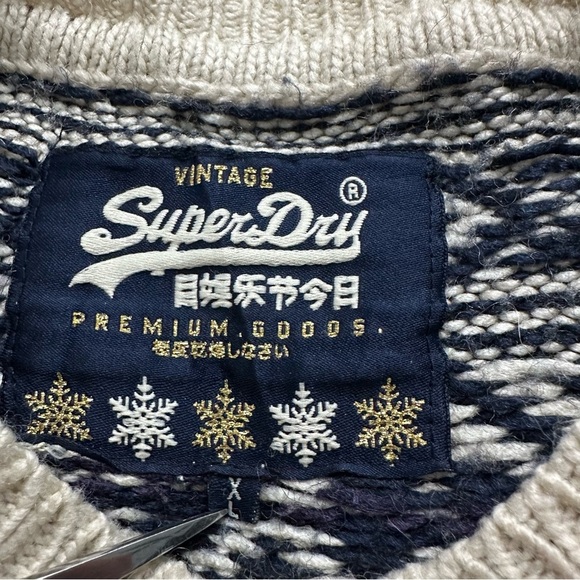 Superdry Fairisle Heart Knit Pullover Sweater Beige/Blue SZ XL Wool Blend - Picture 2 of 10